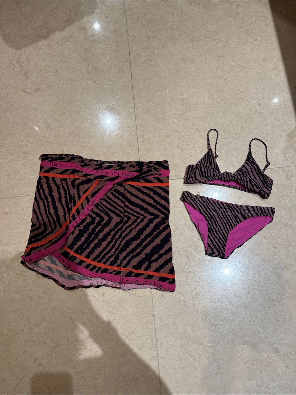 Zebra-Stripe Bikini Briefs & Wrap Set in Black and Pink
